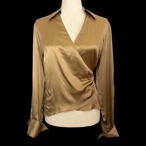 Ann Taylor Loft Silk Wrap Top Size 6 Gold Old Money Career Professional Office